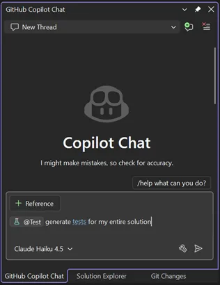 GitHub Copilot Chat pane in Visual Studio showing a new chat thread. The Copilot Chat welcome screen appears with a message about checking accuracy, a prompt asking ‘generate tests for my entire solution,’ and the selected model labeled Claude Haiku 4.5. The input box includes a reference button and test generation command.