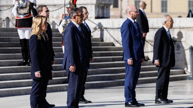 <p>La presidente del Consiglio Giorgia Meloni, il presidente del Senato Ignazio La Russa, il presidente della Camera Lorenzo Fontana, il presidente della Corte Costituzionale Giovanni Amoroso</p>
