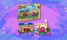 lego animal crossing nook’s cranny & rosie's house set against a purple patterned background