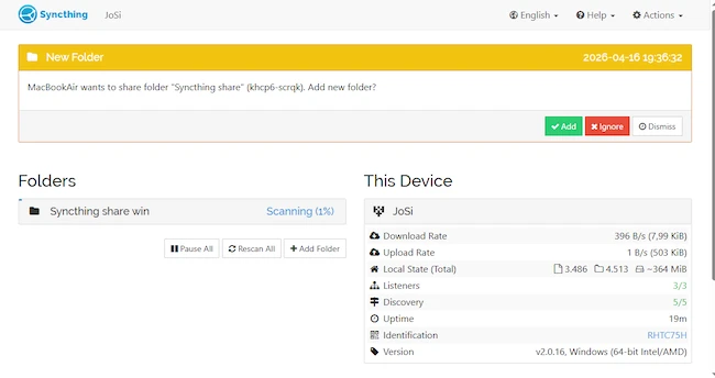 Sharing folder Syncthing private file synchronization