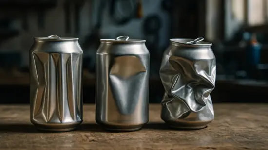 Varias latas aplastadas con diferentes deformaciones sobre una mesa, iluminadas como en un laboratorio casero.