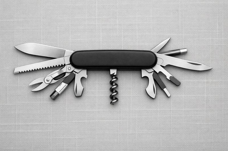 A multitool with all attachments extended, laid flat on a gray linen surface.