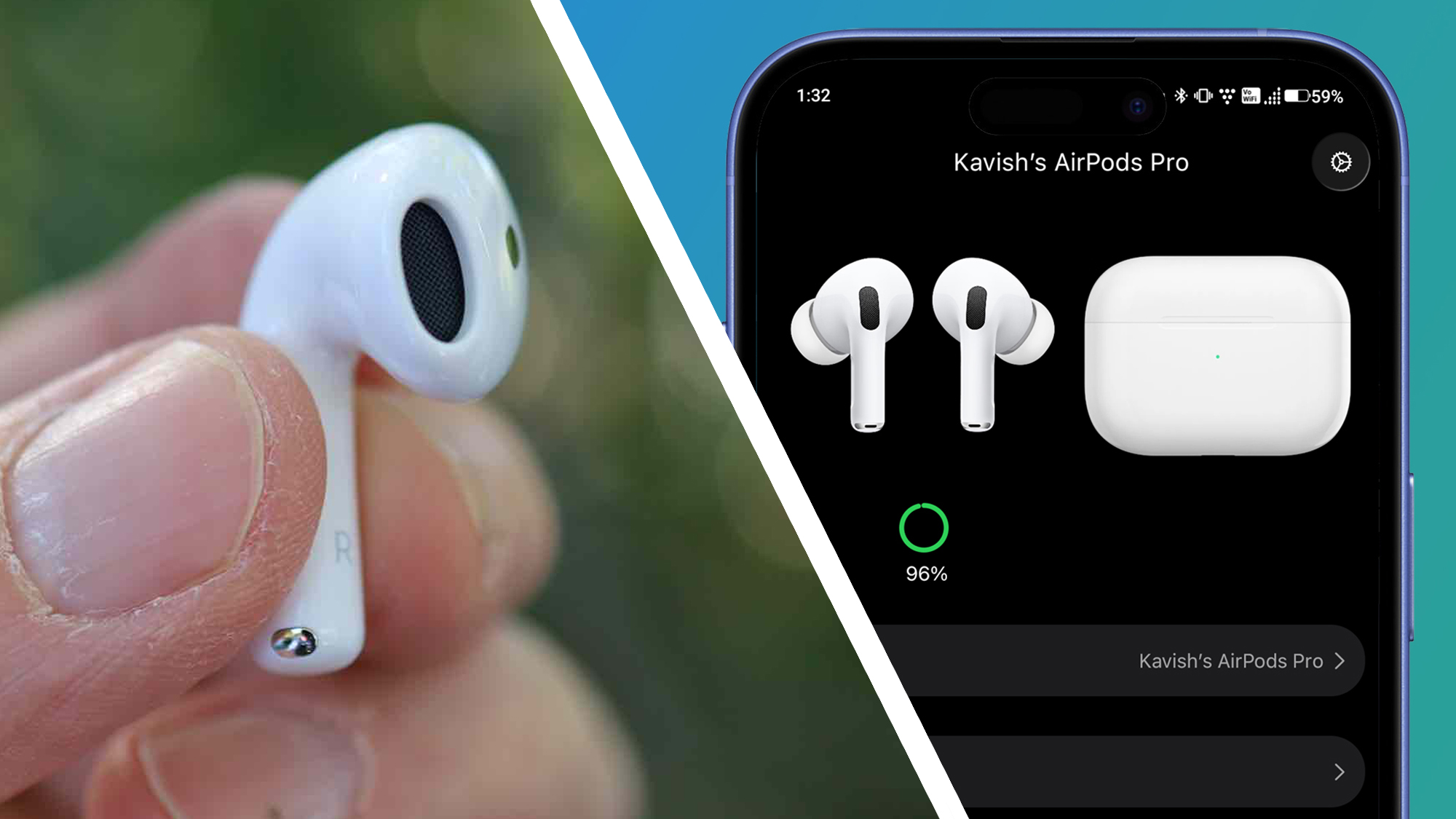 Two fingers holding an Apple AirPod next to a phone screen showing the LibrePods software
