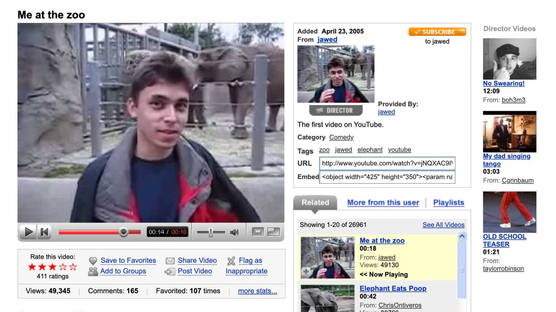 An image of the very first YouTube watch page featuring the first video uploaded to the platform