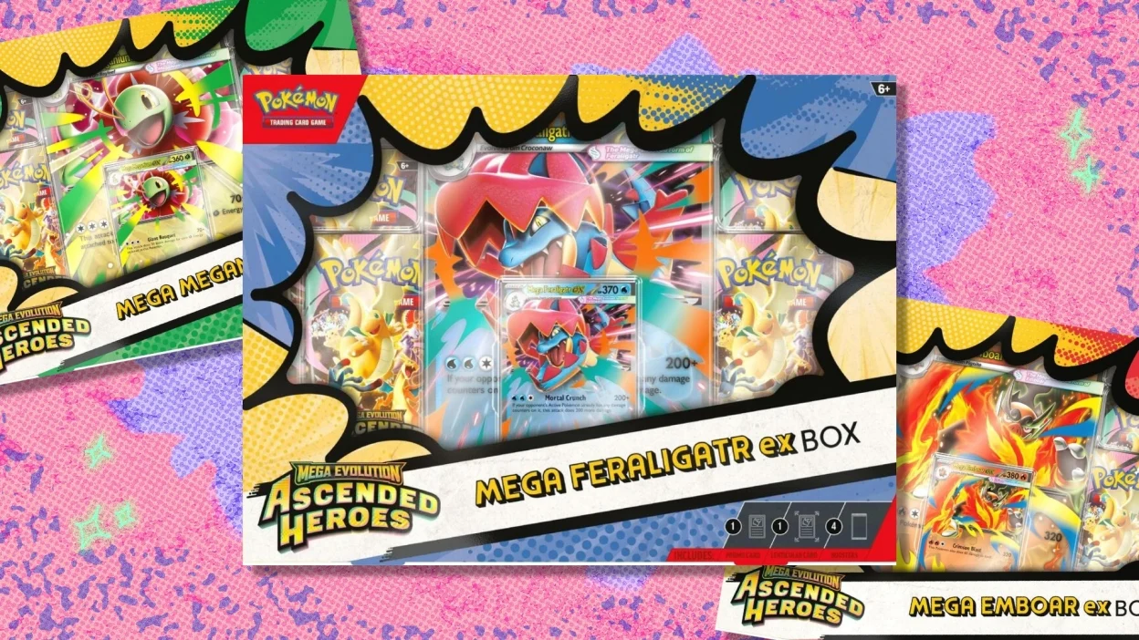 The Pokémon TCG Ascended Heroes Mega Feraligatr ex Box, the Emboar ex Box, and Mega Meganium ex Box on a purple and red background