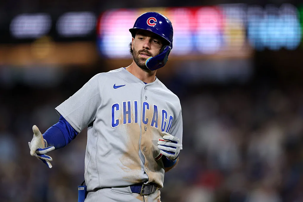 LOS ANGELES, CALIFORNIA - APRIL 24: Dansby Swanson #7 of the Chicago Cubs reacts after hitting a two-run home run against the Los Angeles Dodgers during the ninth inning at Dodger Stadium on April 24, 2026 in Los Angeles, California. (Photo by Luke Hales/Getty Images)