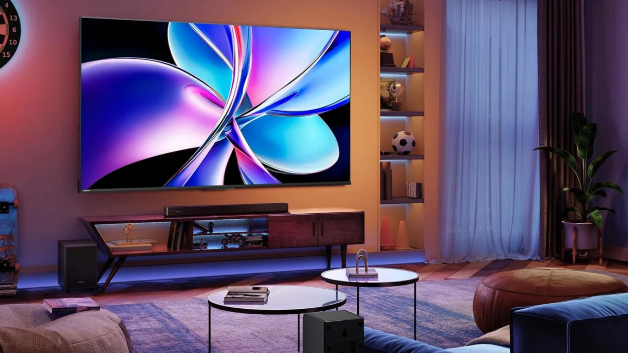 living room with Hisense QD7 TV mounted on wall