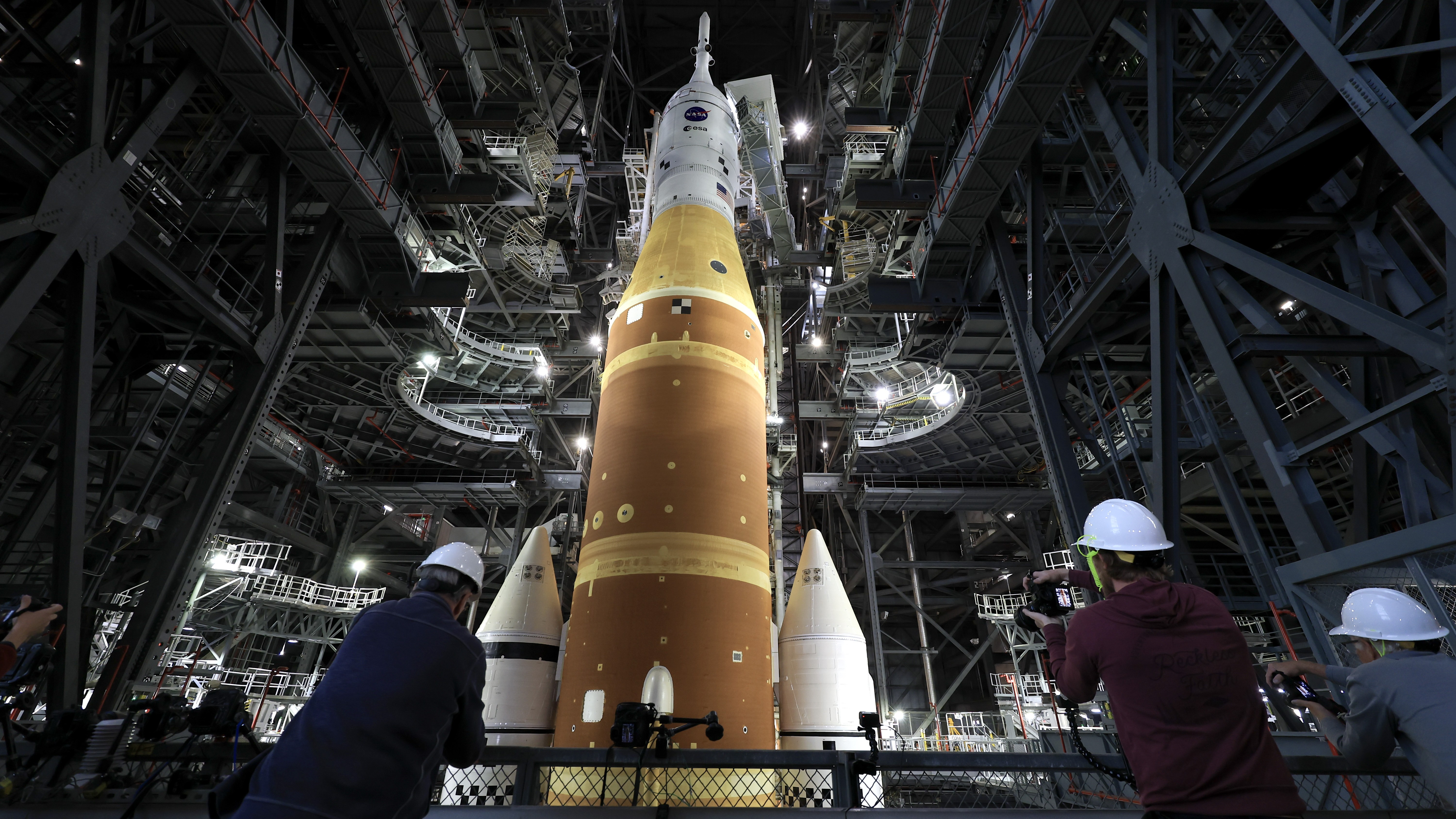 A photo of Artemis II in the Vehicle Assembly Building at NASA’s Kennedy Space Center.