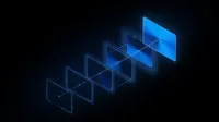 Five glowing blue rectangles, decreasing in size, angled diagonally across a dark background, suggesting depth and layers.