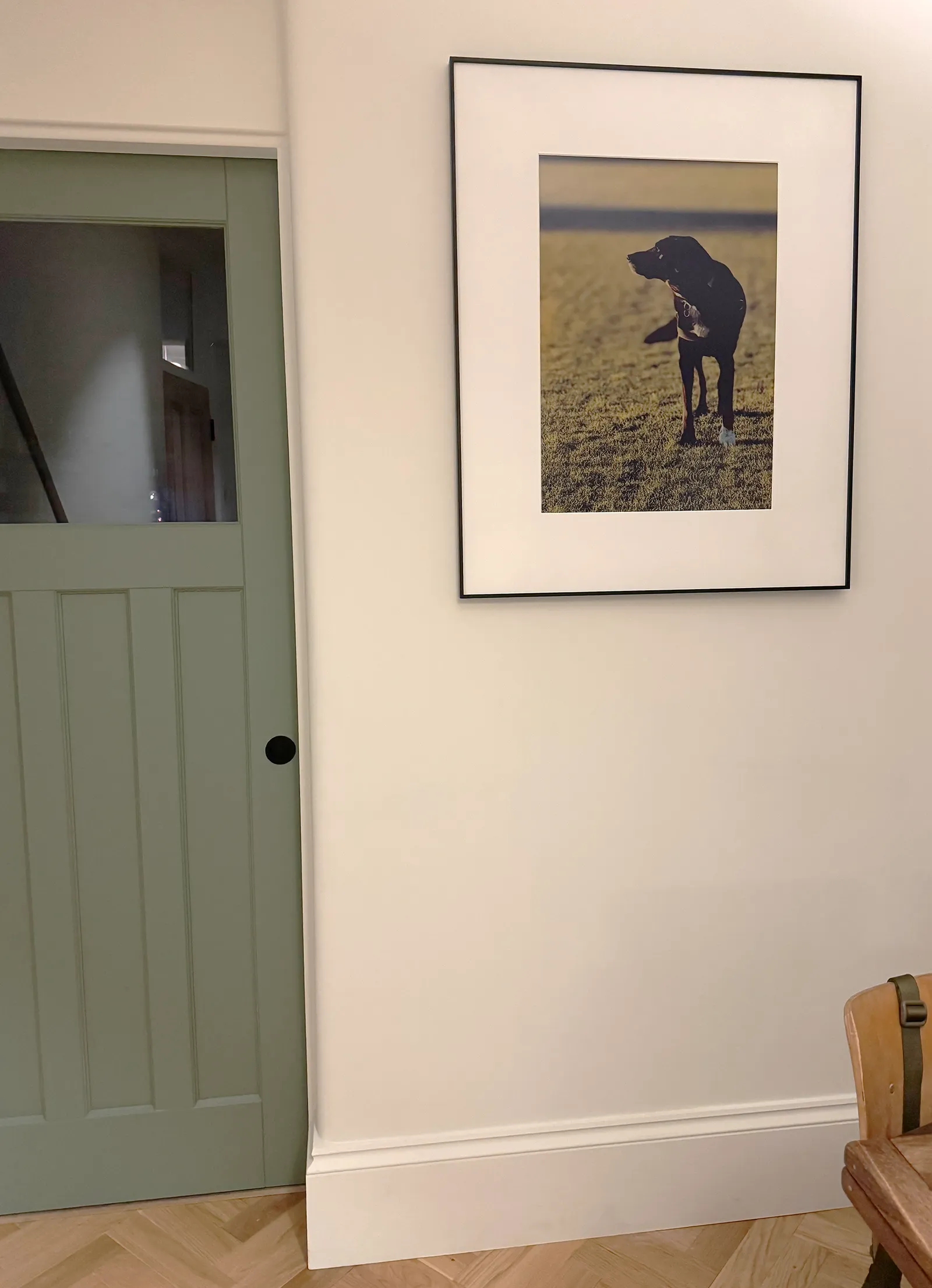 A digital picture frame is on the wall inside a home the photograph in the frame is a beloved dog.