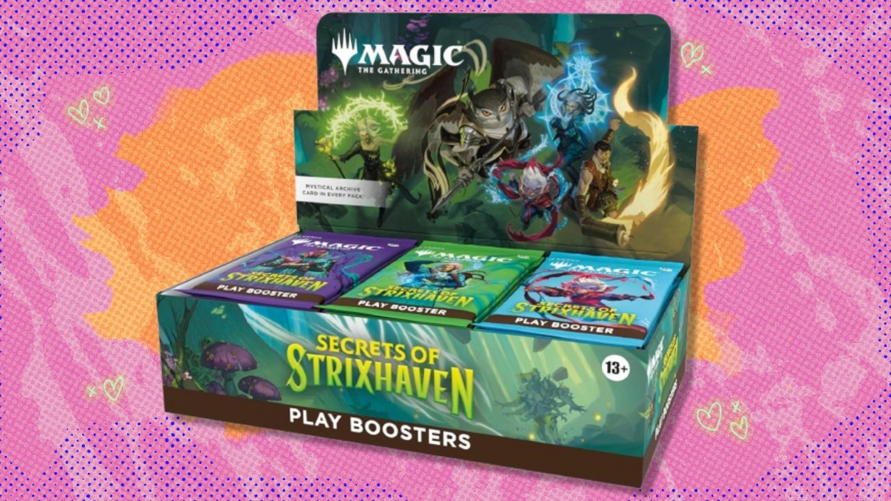 The Magic: The Gathering Secrets of Strixhaven - Play Booster Box on a red and orange background