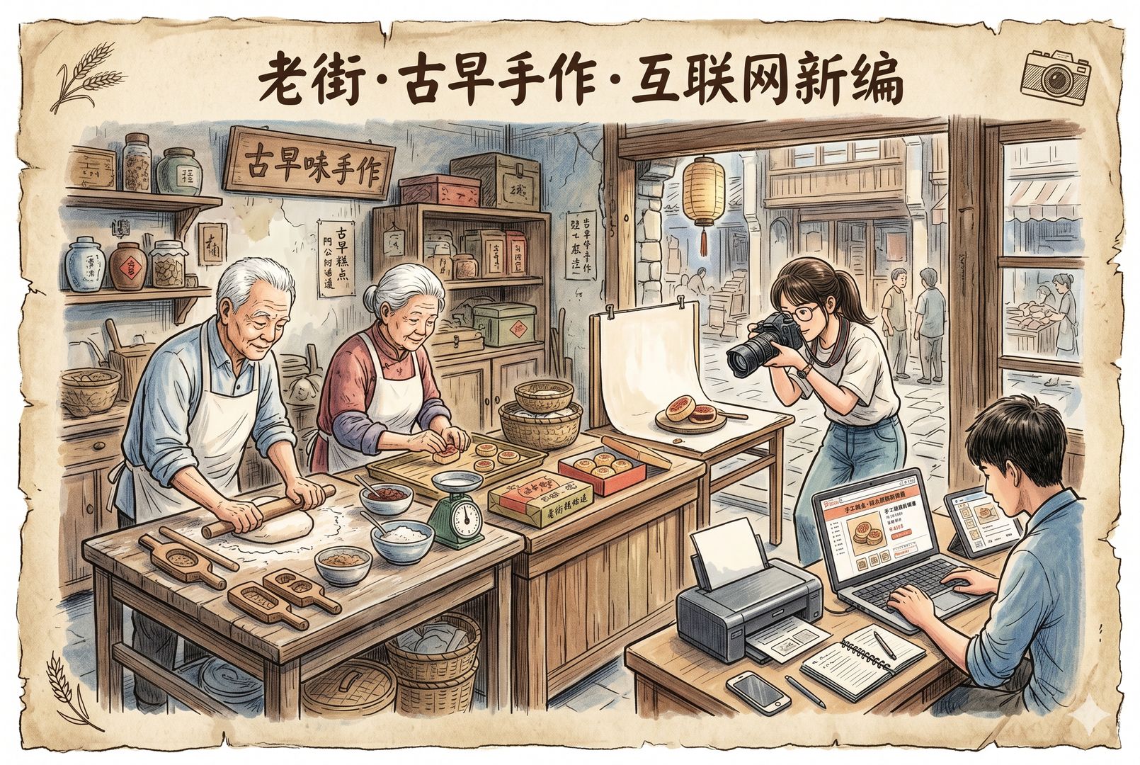 老街角一家朴素蛋糕小店里,白发阿公阿婆在手工制作点心,另一侧是年轻运营人员帮他们拍照、上架、设计包装,传统手艺与互联网工具并置,羊皮纸,钢笔彩色手绘的统一风格。