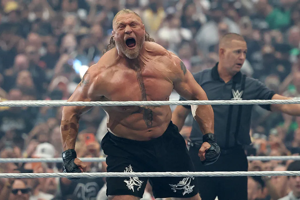LAS VEGAS, NEVADA - APRIL 19: Brock Lesnar is introduced before his match Oba Femi during WrestleMania 42 at Allegiant Stadium on April 19, 2026 in Las Vegas, Nevada. (Photo by Ethan Miller/Getty Images)