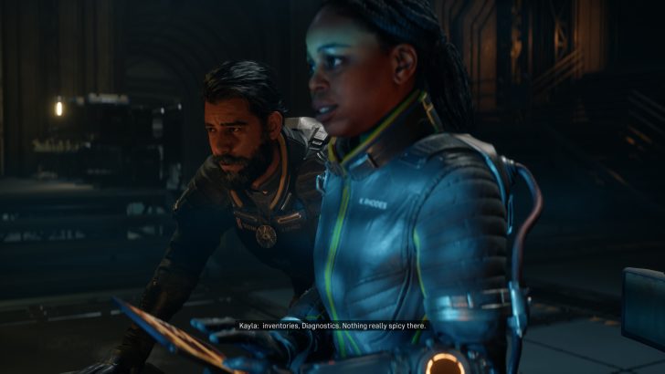 Two characters in 'Starfield' are conversing on a spaceship with on-screen text saying, 'Kayla: inventories, Diagnostics. Nothing really spicy there.'