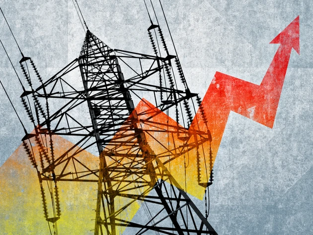 Electricity pylon - power lines with a red arrow pointing upwards, symbolizing rising electricity prices or increased energy demand