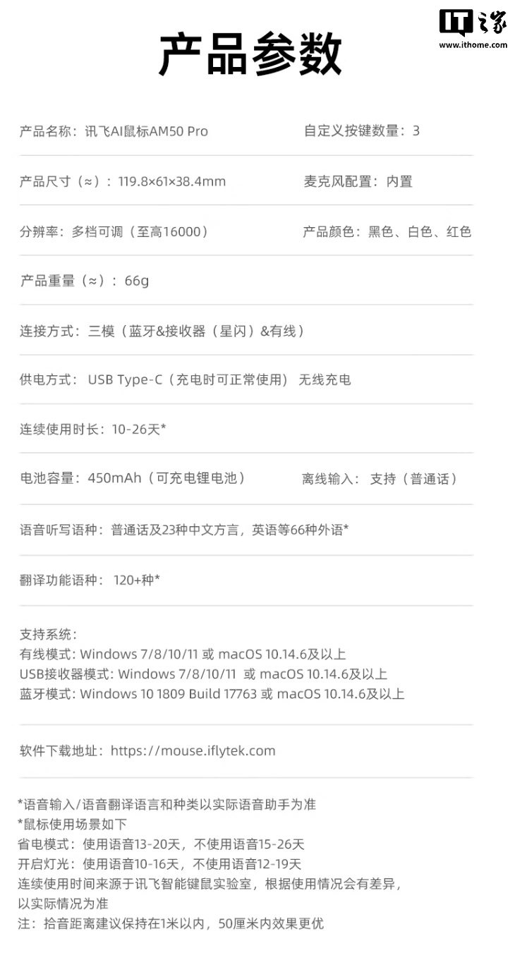 科大讯飞 AI 智能鼠标 AM50 pro 发布:支持星闪连接、可调用多款大模型,498 元