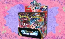 The Pokémon TCG Mega Evolution — Chaos Rising Booster Box on a red and purple background