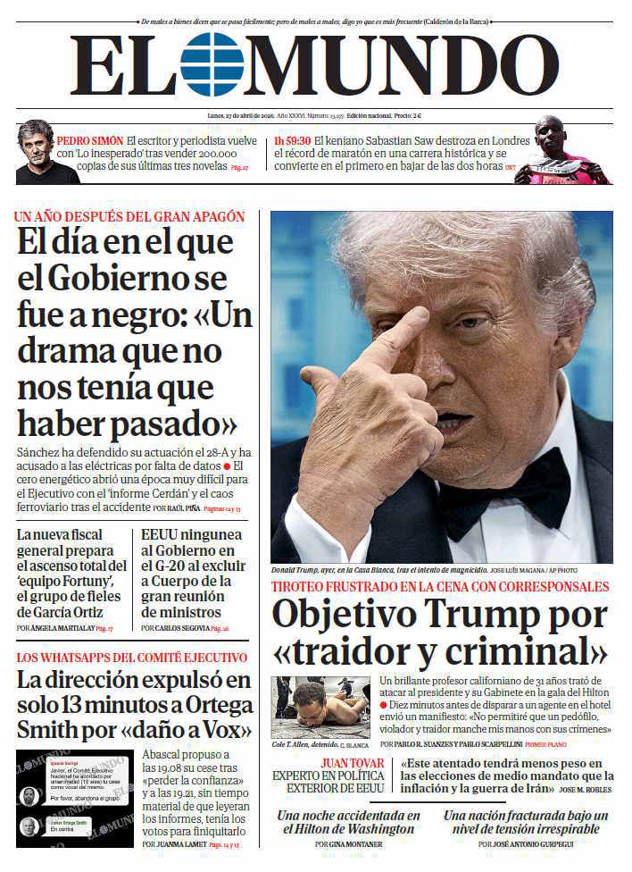 Portada de EL MUNDO del lunes 27 de abril de 2026
