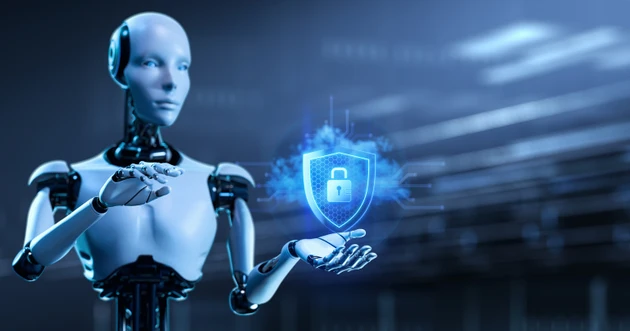 Robot Cyborg Holding Cyber Security Shield with Digital Lock Icon