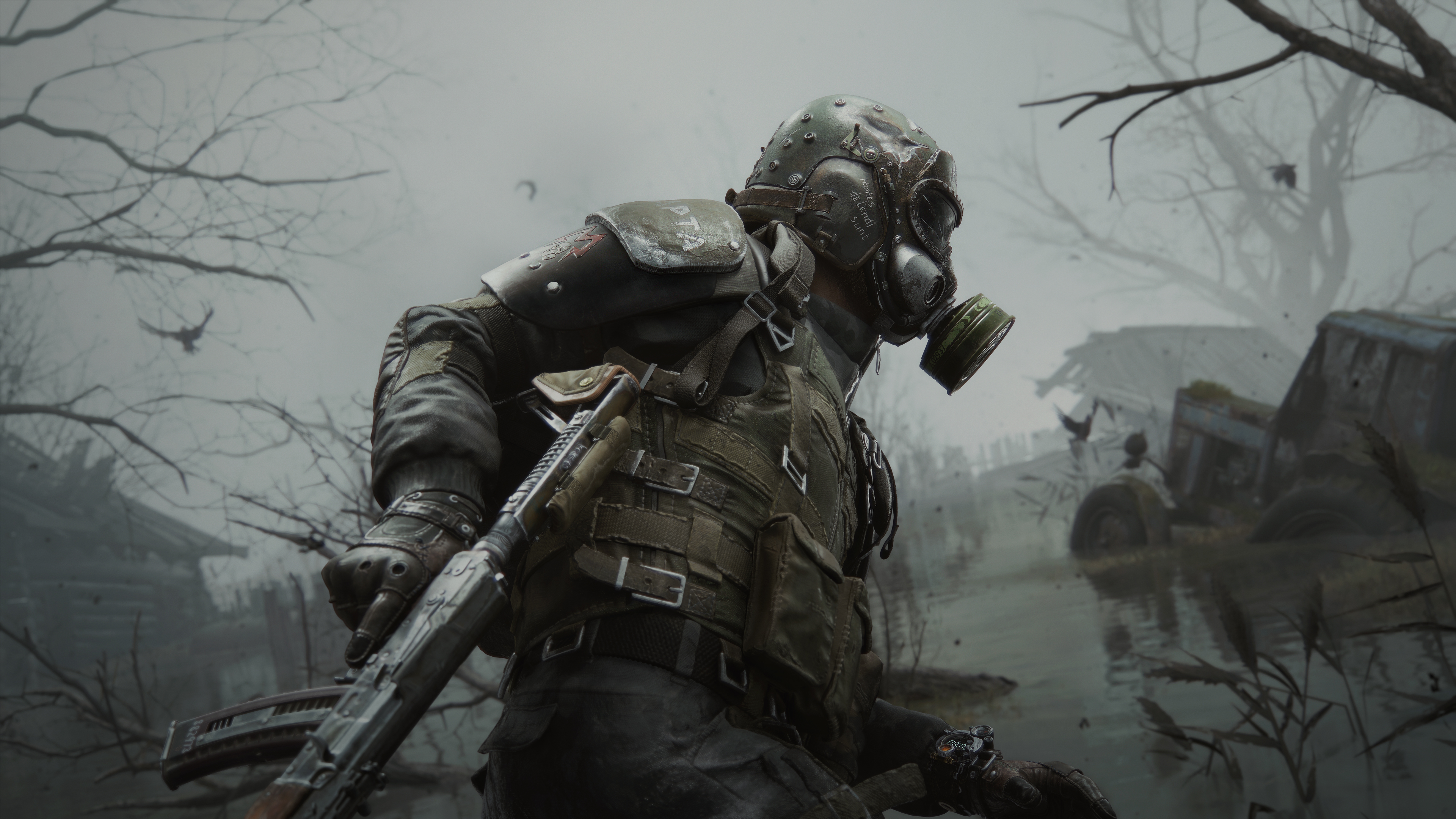 The Stranger, the player character in Metro 2039 in a swampy environment