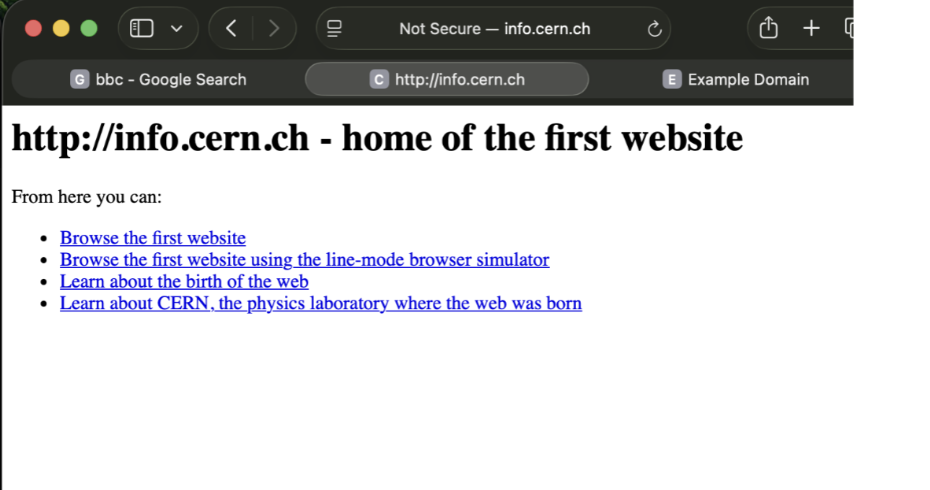 Screenshot showing successful connection to non-encrypted http://info.cern.ch