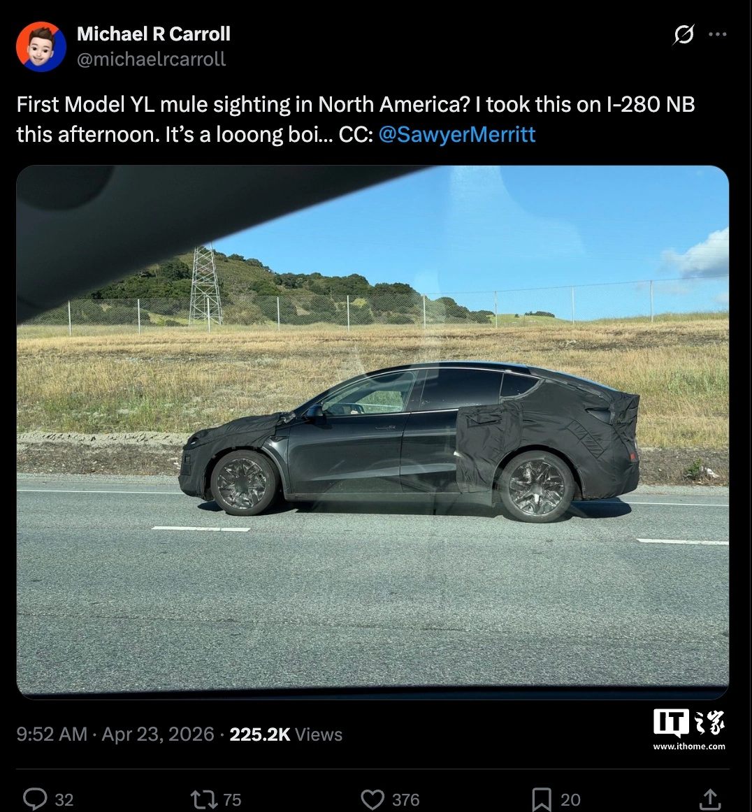 特斯拉 Model Y L 原型车现身旧金山湾区,有望后续登陆美国市场