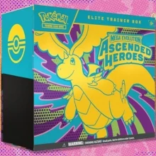 The Pokémon TCG: Mega Evolution — Ascended Heroes Elite Trainer Box on a red and orange background