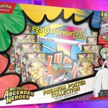 Pokémon TCG: Ascended Heroes Premium Poster Collection (Mega Gardevoir edition) on a pink, purple, and blue background