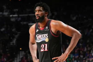PHILADELPHIA, PA - APRIL 26: Joel Embiid #21 of the Philadelphia 76ers looks on during the game against the Boston Celtics during Round One Game Four of the 2026 NBA Playoffs on April 26, 2026 at the Wells Fargo Center in Philadelphia, Pennsylvania NOTE TO USER: User expressly acknowledges and agrees that, by downloading and/or using this Photograph, user is consenting to the terms and conditions of the Getty Images License Agreement. Mandatory Copyright Notice: Copyright 2026 NBAE (Photo by Jesse D. Garrabrant/NBAE via Getty Images)