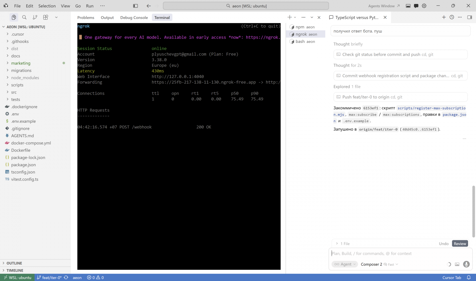 ngrok, POST /webhook 200 OK