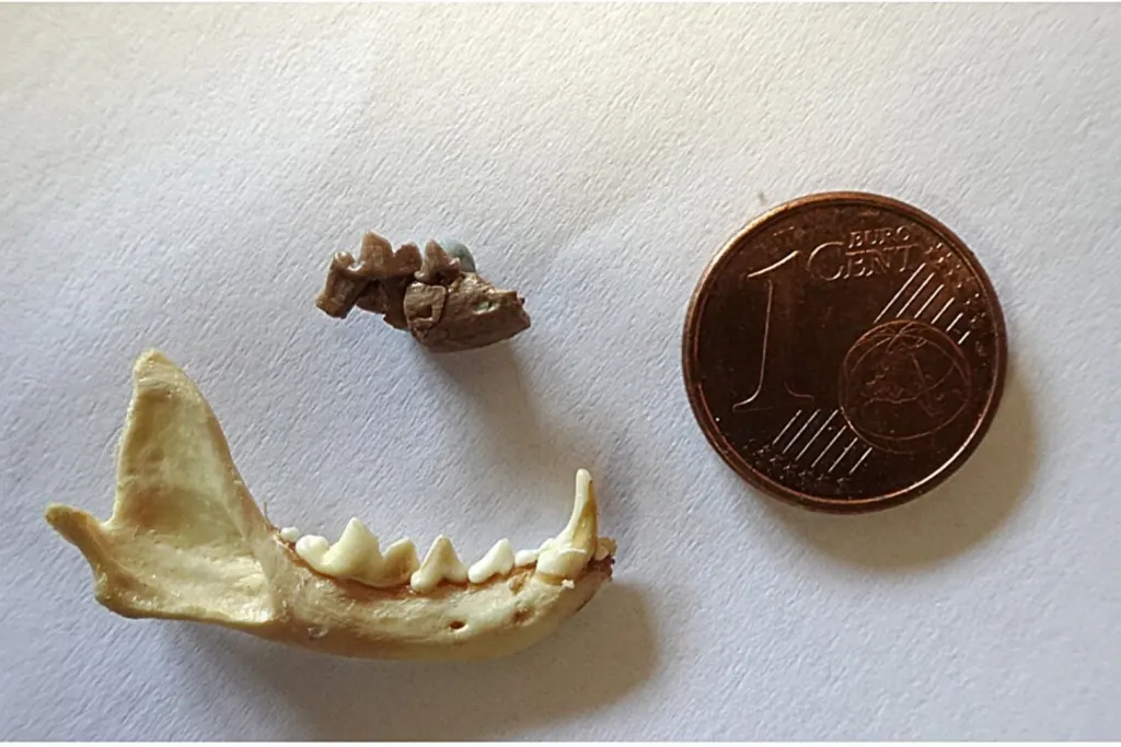 Los investigadores compararon un fragmento de mandíbula de Galanthis baskini (arriba) con una mandíbula completa de la comadreja menor (abajo).