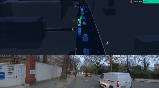 A Waymo car overtaking a cyclist in London