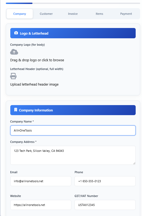 Invoice generator form showing company information fields like company name, address, email, phone, and GST details
