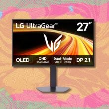 lg 27-inch ultragear qhd oled gaming monitor against a yellow, pink, and green patterned background