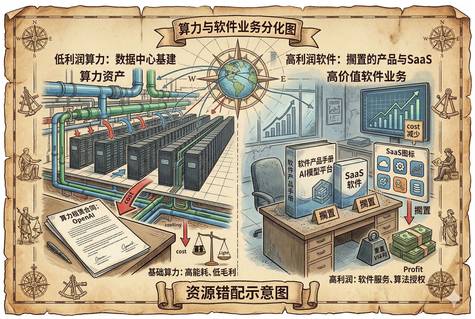 一座新建成的算力机房内部,长排服务器与冷却管线延伸至远处,前景中一份合同标着OpenAI,另一侧被搁置的软件产品手册和SaaS图标显得冷清,表现低利润卖算力与高利润软件业务的分化,羊皮纸,钢笔彩色手绘的统一风格。