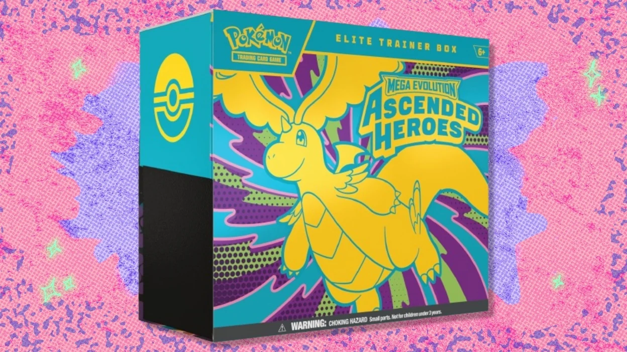 The Pokémon TCG: Mega Evolution — Ascended Heroes Elite Trainer Box on a red and purple background