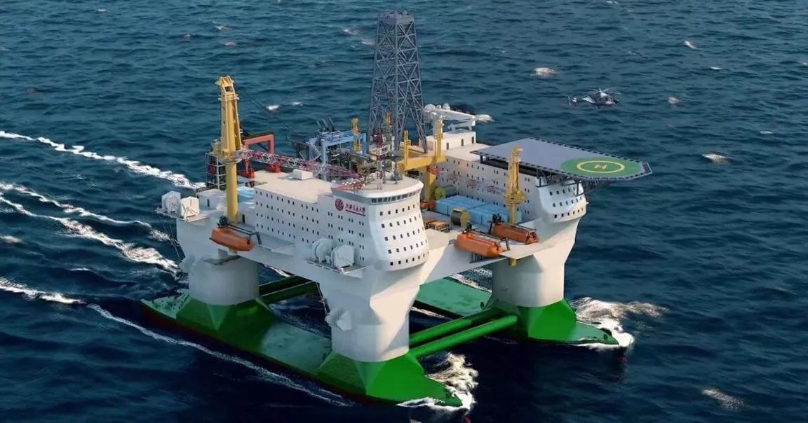 A large offshore oil rig platform with a green and white base floating on the ocean. The platform has multiple structures, including two main white buildings with numerous windows, yellow cranes, and a helipad marked with an "H" on the right side. A helicopter is flying nearby over the water. The rig is surrounded by deep blue ocean waves.