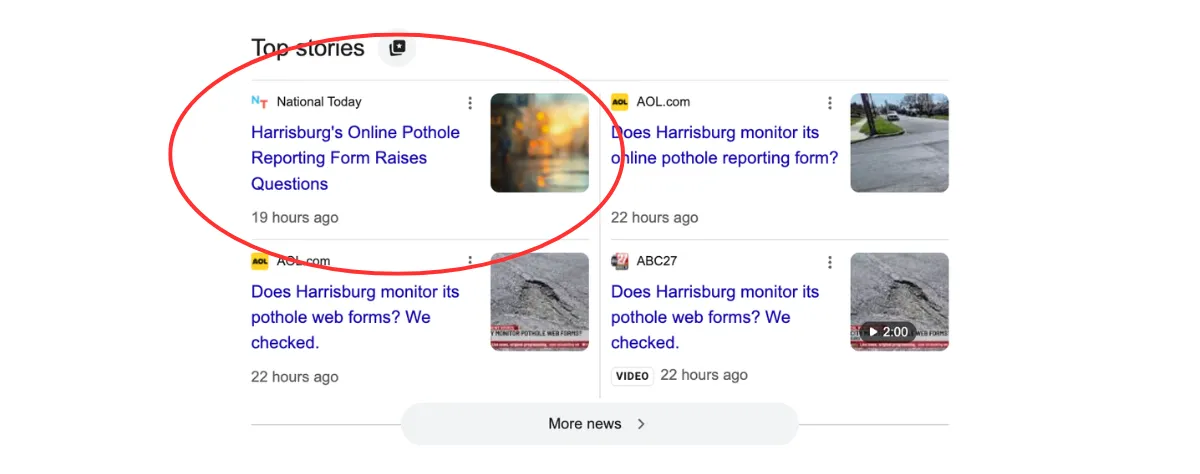 A screenshot showing Google News featuring a story by National Today alongside local reporting.