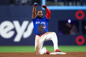 TORONTO, CANADA - APRIL 25: Vladimir Guerrero Jr. #27 of the Toronto Blue Jays reacts on base after stealing second base in the sixth inning of their MLB game against the Cleveland Guardians at Rogers Centre on April 25, 2026 in Toronto, Ontario, Canada. (Photo by Cole Burston/Getty Images)