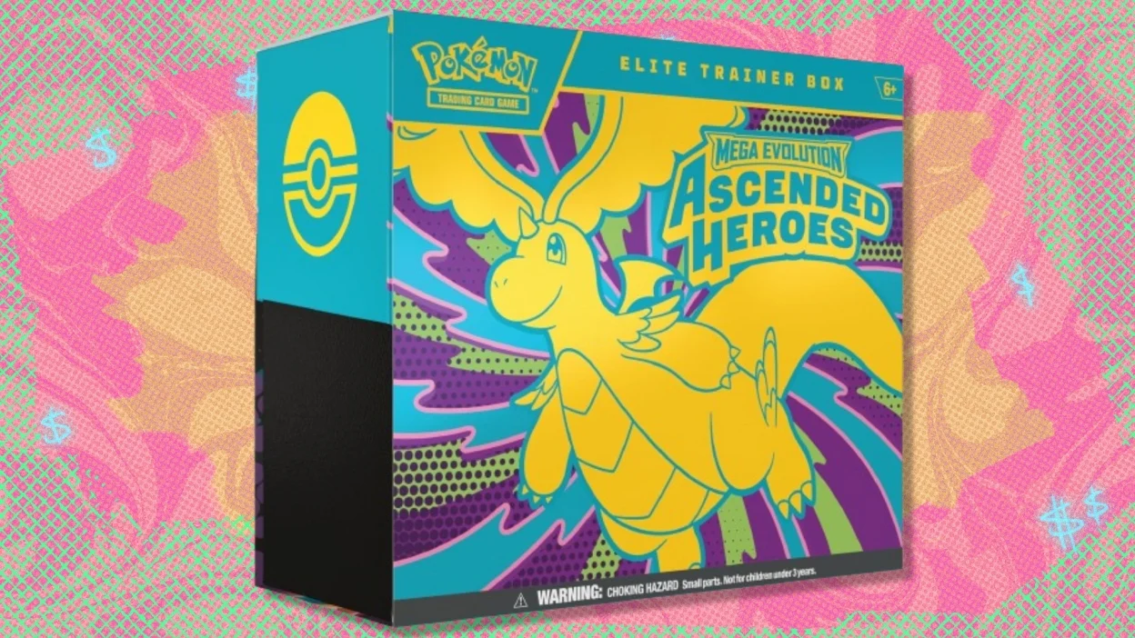 The Pokémon TCG: Mega Evolution — Ascended Heroes Elite Trainer Box on a red, orange, and green background