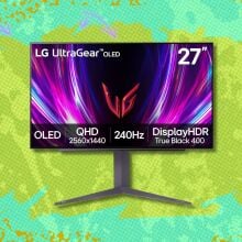 lg 27-inch ultragear oled gaming monitor against a green patterned background