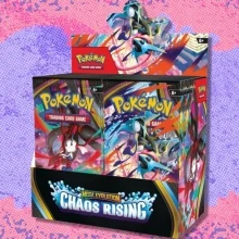 The Pokémon TCG Mega Evolution — Chaos Rising Booster Box on a red and purple background