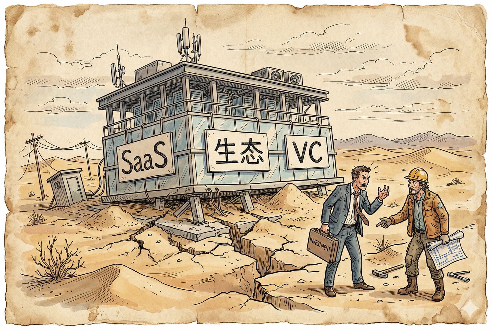 一座建在沙地上的现代数据中心大楼,地基松动开裂,楼体上挂着“SaaS”“生态”“VC”三个标牌,工程师和投资人站在旁边争论,羊皮纸,钢笔彩色手绘的统一风格。