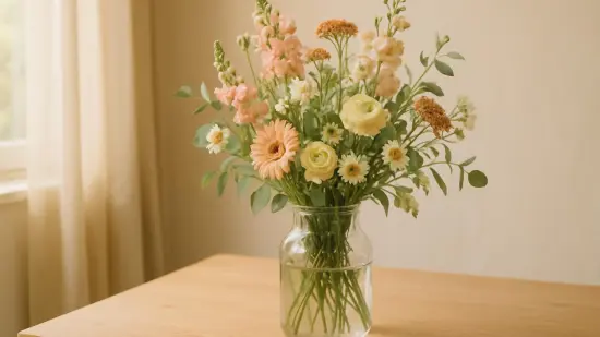 Un ramo de flores de temporada en un jarrón sobre una mesa junto a una ventana con luz suave.