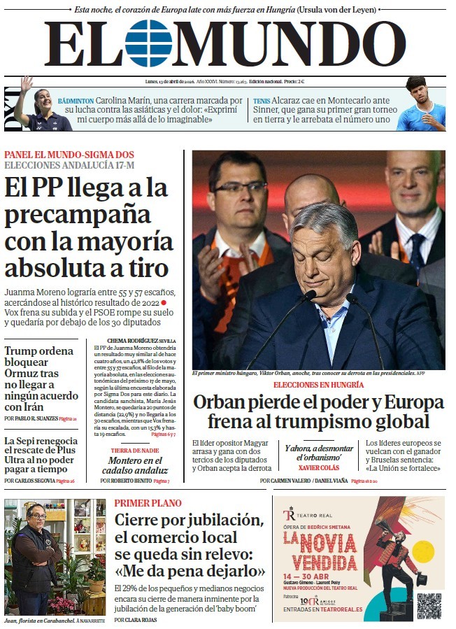 Portada de EL MUNDO del lunes 13 de abril de 2026