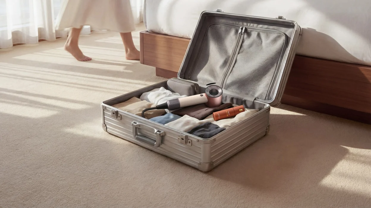 dyson supersonic travel hair dryer in suitcase on floor of hotel room