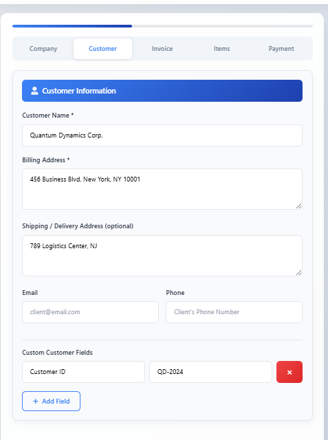 Customer information section with fields for customer name, billing address, shipping address, and contact details