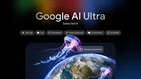 A dark background with rainbow ombre at the top, with text saying Google AI Ultra subscription, and tiles with text including Gemini app and Flow. Underneath that, neon jellyfish float over Earth.
