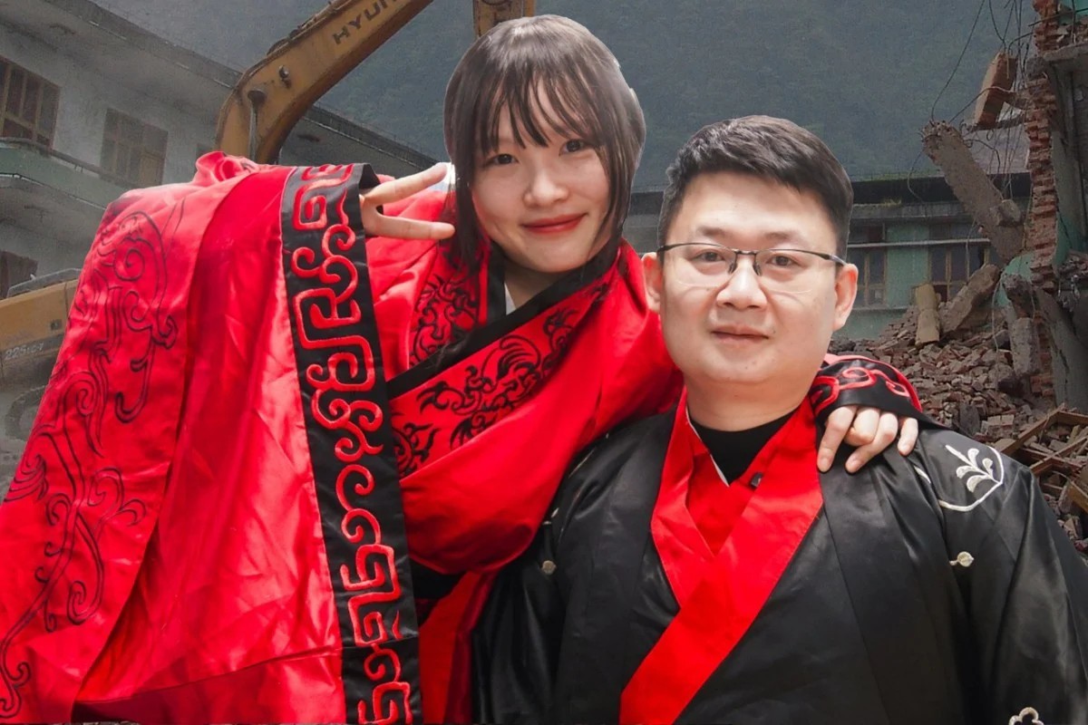 Liu Ximei y Liang Zhibin reci�n casados en un montaje difundido en la red social Weibo.
