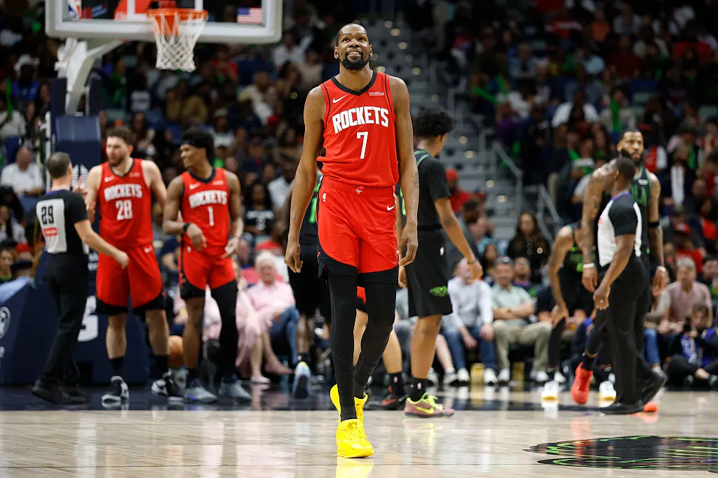 NEW ORLEANS, LOUISIANA - MARCH 29: Kevin Durant #7 of the Houston Rockets reacts during the second half of a game against the New Orleans Pelicans at Smoothie King Center on March 29, 2026 in New Orleans, Louisiana. NOTE TO USER: User expressly acknowledges and agrees that, by downloading and or using this photograph, User is consenting to the terms and conditions of the Getty Images License Agreement. (Photo by Tyler Kaufman/Getty Images)